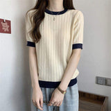 2026 Summer Loose Knit Top Crew Neck Solid Color Short-sleeved T-shirt Knit Pullover T-shirt for Girls