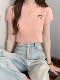 Knitted Tops for Women Mock Turtleneck Women's Clothing Embroidery Short-Sleeved Tee