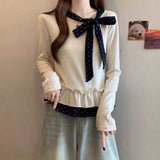 Korean Style Polka Dot Bow Knit Top Women's Slim Fit Long Sleeve Ruffle Hem Casual Top
