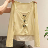 Women's 2-in-1 Ribbed Knit Top Polka Dot Cami Layered Bow Tie Long Sleeve T-Shirt