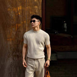 Men Vertical Rib Knit Half Short Sleeve T Shirt Slim Fit Solid Color Soft Knitted Tops for Business Daily Wear