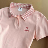 Women's Korean Style Pink Plaid Splice Slim Fit Polo Collar Short Sleeve T-shirt Summer Fashion Slimming Top