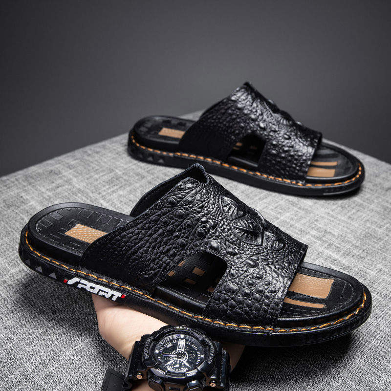 New Design High Quality Fashion Durable Slippers Comfortable Summer Pattern Cowhide Leather Sandals for Men