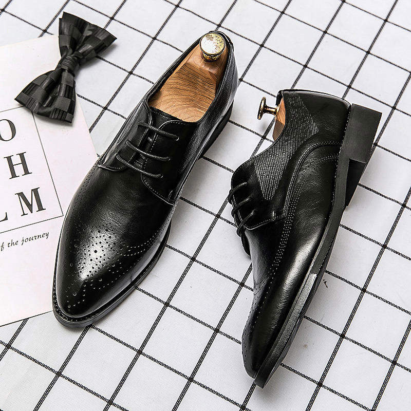 Pointed Toe Formal PU Leather Lace up Fashion Classic Quality Brogue Pattern Dress Shoes Oxfords for Men