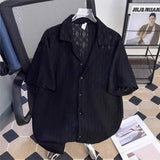 Men Hollow Out Cuban Collar Loose Short Sleeve Button Front Casual Shirt