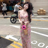 Women Pink Floral Print Spaghetti Strap Maxi Dress Lace Trim V Neck Tie Front Slim Fit Long Dress