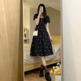 Summer New Arrival Women's Dress French Style Black Floral Long Dress Square Neck & Waist Flattering Design