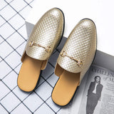 Men Quilted Backless Loafer Slip on Gold Metal Accent Horsebit Detail Cushioned Insole Breathable Lining Slides Slippers for Men