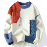 Fashion Streetwear Men Patchwork Cable Knit Pullover, Color Block Loose Warm Autumn Winter Sweater