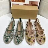 Round-Toe Mesh Women's Flats Ballet Shoes with Green Floral Embroidery Beautiful Quality Cute Walking Shoes