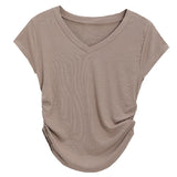 V Neck Side Drawstring Ruched Short Sleeve T Shirt Women Solid Slim Fit Basic Blouse