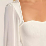 Women Sweetheart Neck Mesh Puff Long Sleeve Ribbed Bodysuit Slim Fit Bodycon Elegant Party Ladies Bodysuit Tops