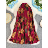 Women Vintage Floral Print Pleated Skirt High Waist Elastic Waistband Flowy a Line Long Maxi Skirt Casual Elegant Ladies Skirts