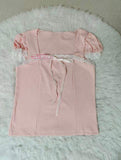 Women's Pink Lace Trim Square Neck Puff Sleeve T-Shirt Slim Fit Sweet Casual Tops for Party