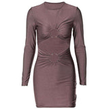 Long Sleeve Double Hollow Out Mini Dress Women Metal Ring Ruched Waist Bodycon Night Club Figure Hugging Stretch Short Dress