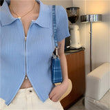 Double Zipper Women's Clothing Knitted Tops for Women Plain Short-Sleeved Tee