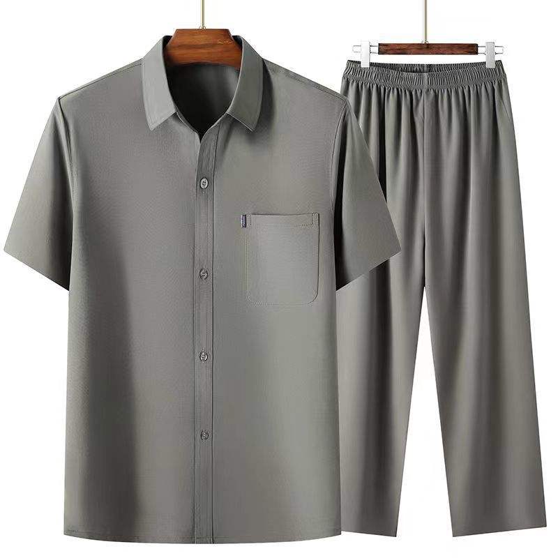 Men's Short Sleeve Shirt + Long Pants Suits Summer Clothes Lapel Button Solid Color 2 Piece Set Breathable Men's Casual Suits