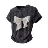 Women Textured Distressed Fabric T Shirt Big Rhinestone Bow Decor Side Ruched Short Sleeve Slim Fit Crop Top