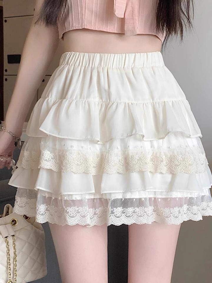 Y2K Sweet Lace Tiered Cake Mini Skirt Women's White Ruffle Layered Short Skirt with Lace Trim