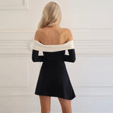 Black White Off Shoulder Long Flare Sleeve Mini Dress Bodycon A-Line Party Dress for Women