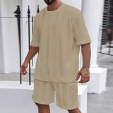 Men's Casual Textured 2 Piece Outfit, 2026 New Arrival Crew Neck Short Sleeve T-Shirt & Drawstring Shorts Set