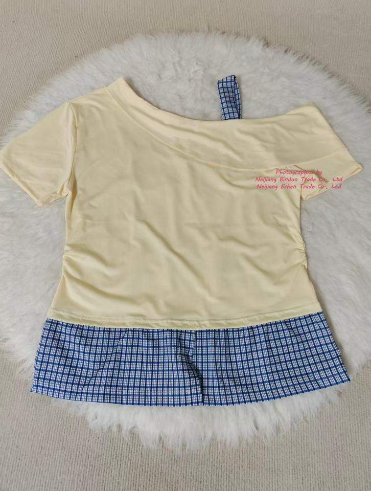 2026 Summer Cold Shoulder Patchwork Short Sleeve T-Shirt Women Fashionable Ruched Waist Asymmetrical One Shoulder Top