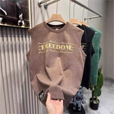Vintage Suede Feel Printed Sleeveless T Shirt Men Loose Crew Neck Cut Off Tank Top Streetwear Casual Vest