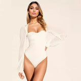 Women Sweetheart Neck Mesh Puff Long Sleeve Ribbed Bodysuit Slim Fit Bodycon Elegant Party Ladies Bodysuit Tops