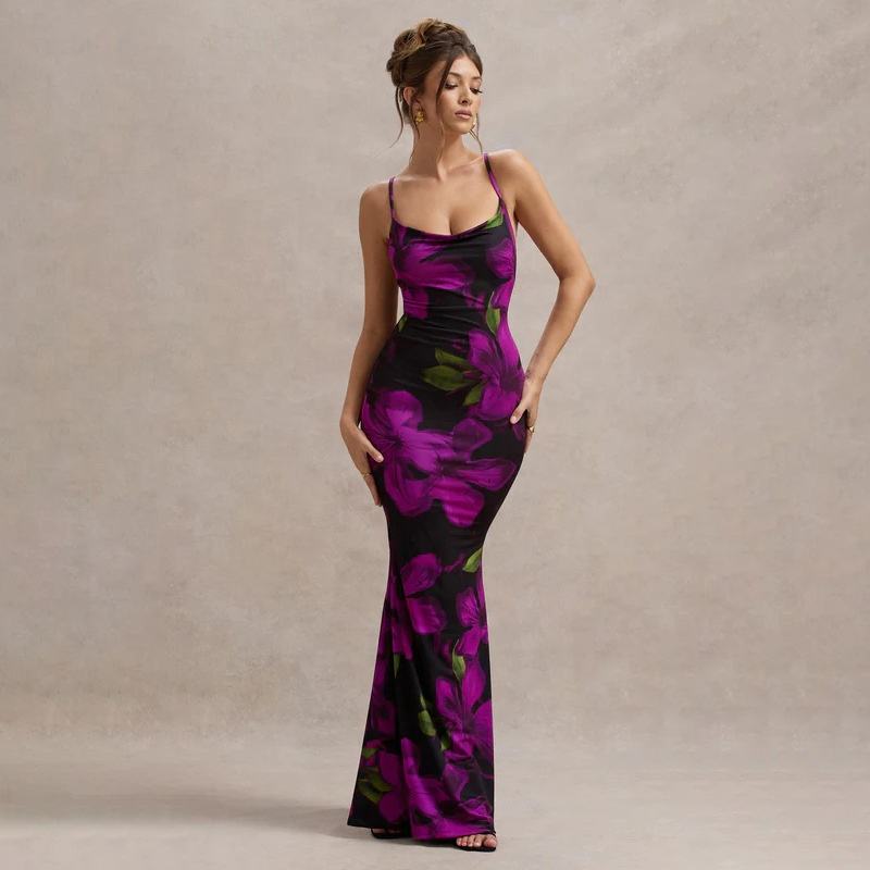 Women Printed Slim Sexy Sleeveless Sexy Slim Club Dress Sleeveless Neck Drape Open Back Knit Slim Dress