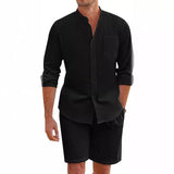 Men's Casual 2 Piece Outfit, 2026 New Arrival Mandarin Collar Long Sleeve Shirt & Shorts Set, Summer Vacation Suit