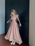 Elegant Women Pink Ruffle Square Neck Maxi Dress Flutter Cap Sleeve Corset Waist Pleated Flowy Long Dress