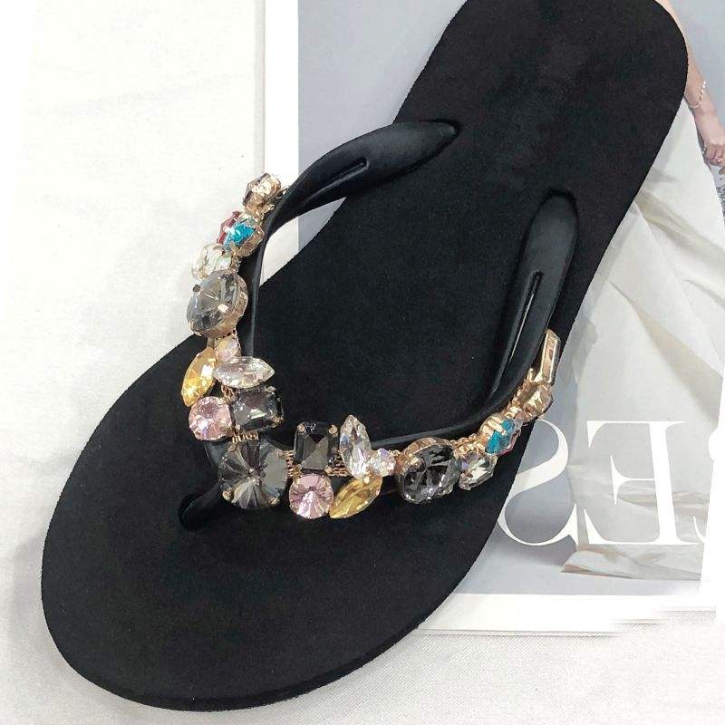Women's Summer Diamond-Embellished PVC Flat Sandals - Beach Slipper Thong Flip Flops