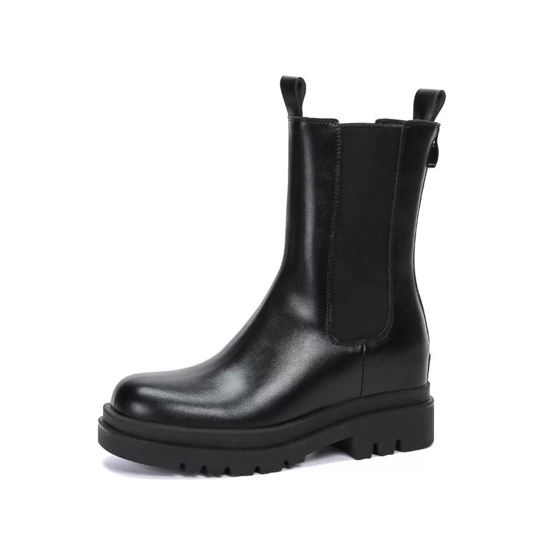 Botas Para Mujer Fashion Chunky Heel Platform Bootie Shoes Black Leather Ankle Boots