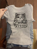 Retro Gray Slim-fit Crew Neck Short-sleeve Regular-shoulder T-shirt Women's Summer Figure-flattering Base Layer Top