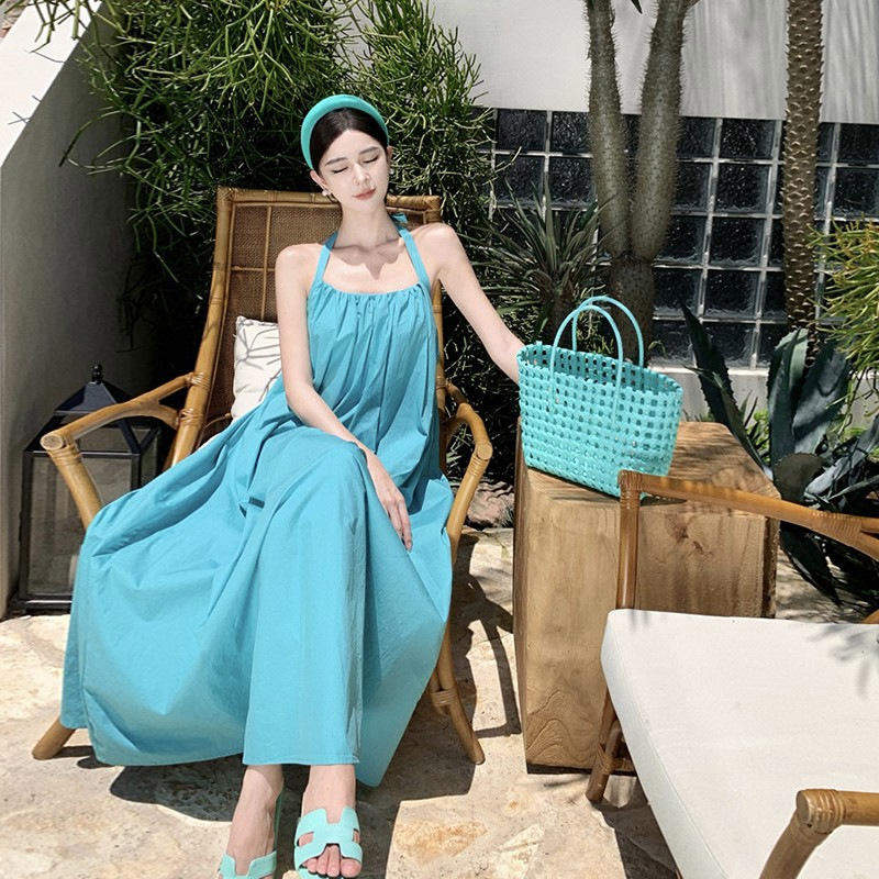 Women Halter Neck Maxi Dress Open Back Tie Back Loose Flowy Sundress Summer Casual Beach Vacation Sleeveless Long Dress