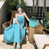 Women Halter Neck Maxi Dress Open Back Tie Back Loose Flowy Sundress Summer Casual Beach Vacation Sleeveless Long Dress