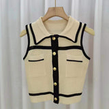 Color Contrast Tank Top for Women Single-breasted Cropped Turndown Going Out Tops