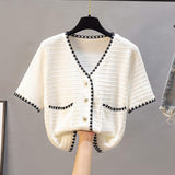 Ice Silk Graphic Tee V-neck Tops for Women Trendy Knitted Cardigan
