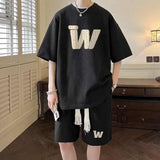 Hong Kong Style Waffles Men's Short-Sleeved T-Shirt and Shorts Two-Piece Set Summer Handsome Teenager Fashion Suit for Men