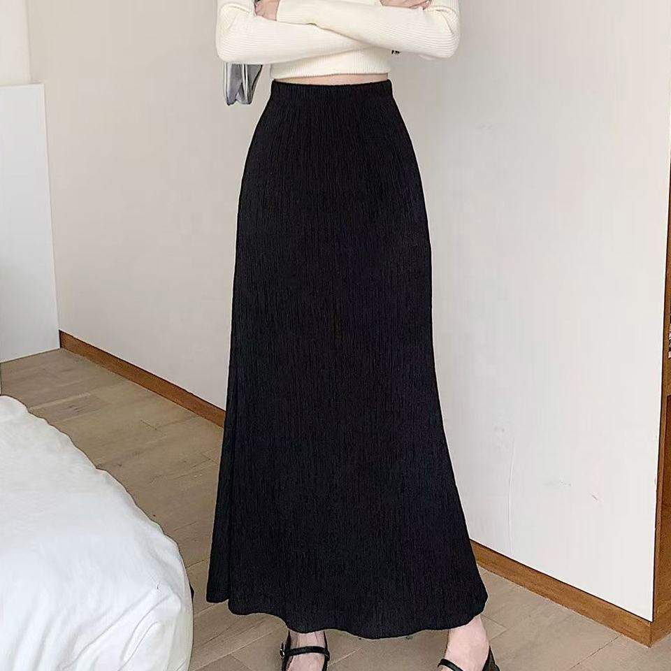 Autumn New Women's High Waist Ruffled A-Line Mermaid Hem Maxi Skirt Lazy Style Casual Slim-Fit Long Skirt for Wholesale