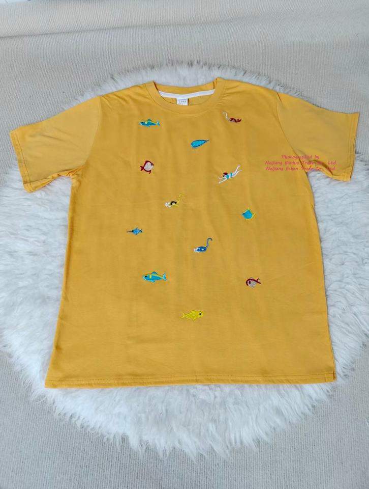 Women Creature Embroidery T Shirt Crew Neck Cuffed Short Sleeve Loose Casual Summer Oversized Fish Embroidered Basic Tees