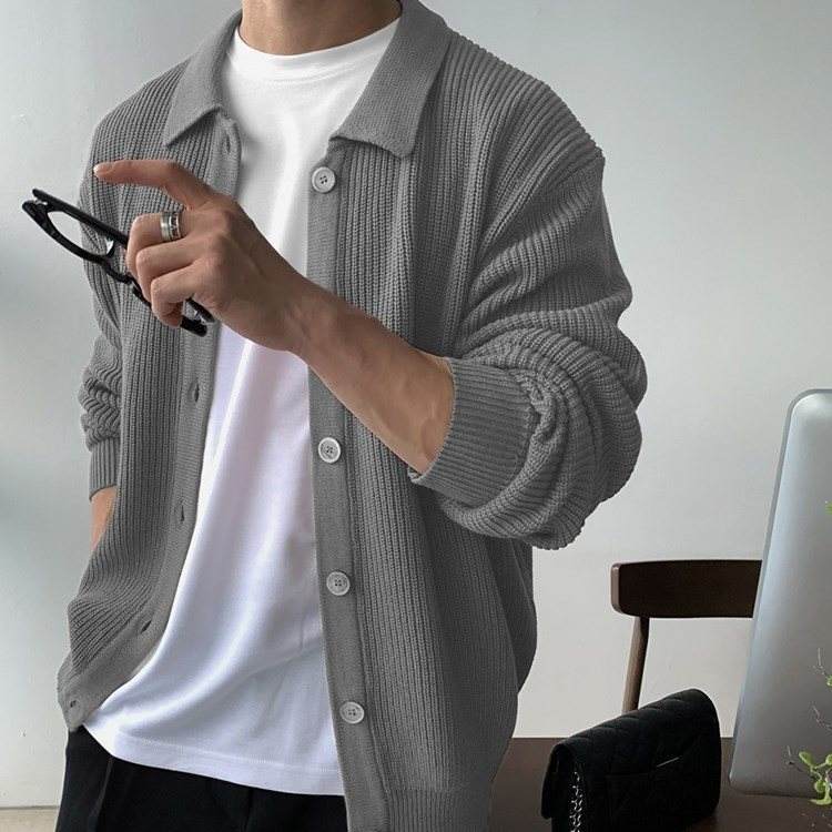 Men Lapel Collar Vertical Rib Knit Cardigan Loose Oversized Button Down Sweater Jacket Casual Daily Street Outerwear