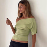 Off Shoulder Batwing Short Sleeve Top Women Draped Ruched Waist Slim Fit Casual Blouse