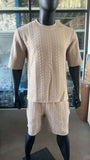 Men's Casual Textured 2 Piece Outfit, 2026 New Arrival Crew Neck Short Sleeve T-Shirt & Drawstring Shorts Set