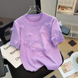 Bow Graphic Tee Bow Round Neck Tops for Women Ice Silk Knitted T-shirt for Women