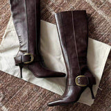 Botas Women's Pointed Toe Knee High Boots Stiletto Heel Buckle Strap Leather Dress Boots
