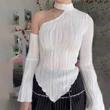 2026 Spring Women Striped Streetwear Long Sleeve Asymmetrical Halter Neck T-Shirt Spicy Girl Inner Layering Top