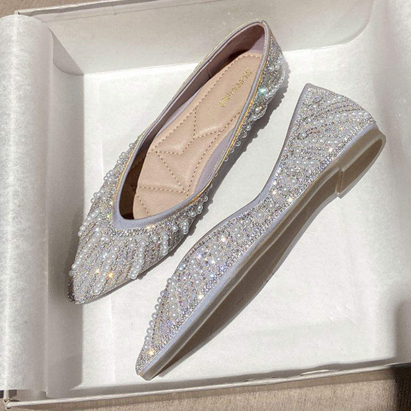 Trendy Large-Size Women's Luxury Pearl & Rhinestone Loafers, Moccasins for Office Ladies, Flat Sepatu Shoes