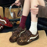 Leopard Print Suede Patchwork Casual Sneakers for Women 4cm Low Top Flat Walking Shoes Comfortable Daily Footwear