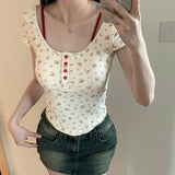 2026 Build in Bra Spice Faux Two-piece T-shirt Contrast Color Floral with Chest Pad Women's T-shirt Summer Slim-fit Short Top